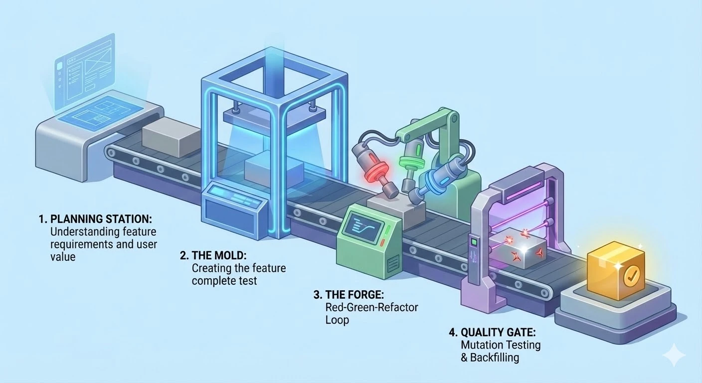 The Principled Development pipeline - a factory assembly line with four stations: Planning Station, The Mold (feature-complete test), The Forge (Red-Green-Refactor loop), and Quality Gate (mutation testing and backfilling)