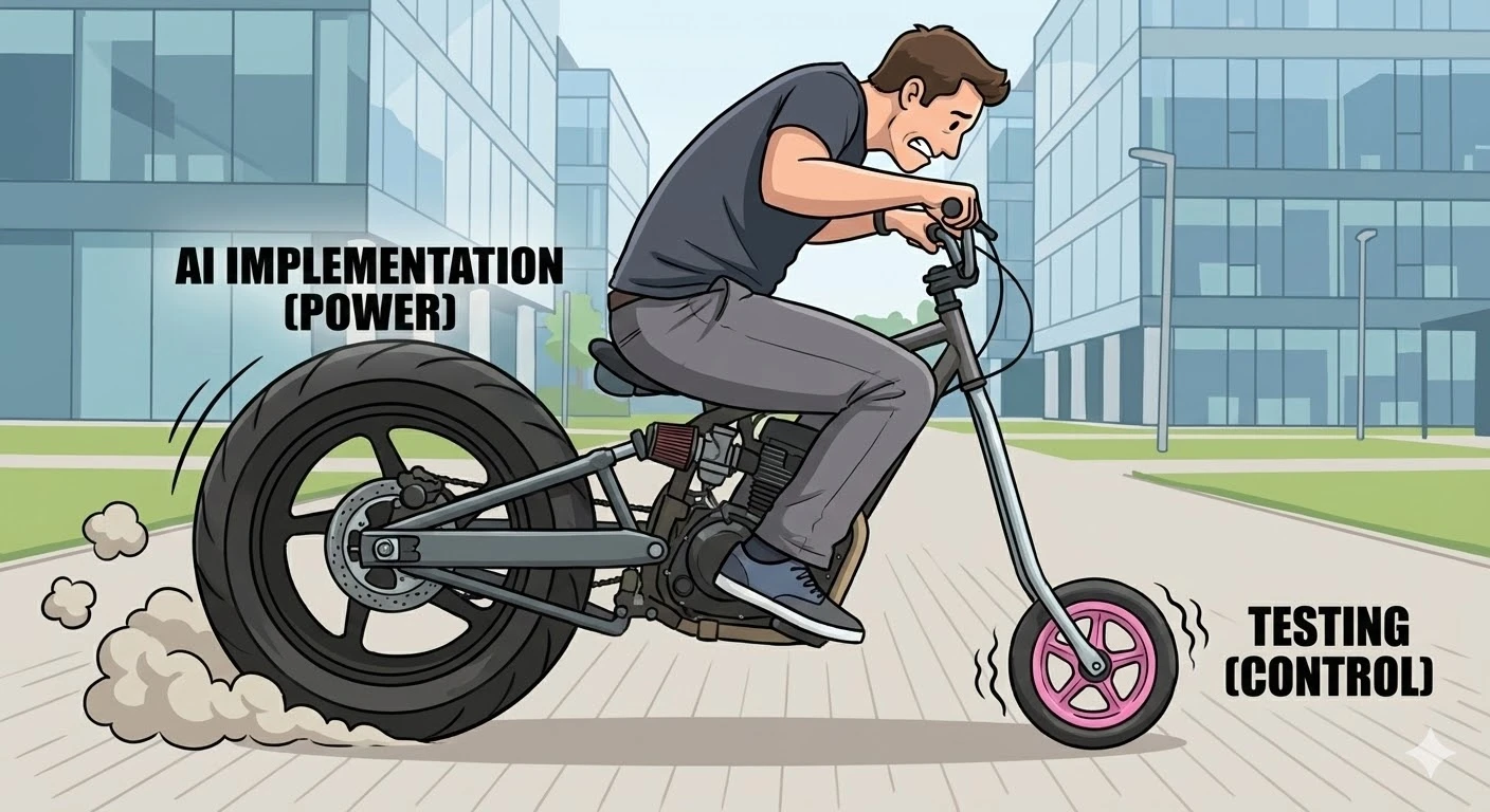 A motorcycle with a massive engine and thick rear tire representing AI implementation power, but a tiny plastic wheel on the front representing its limited testing ability