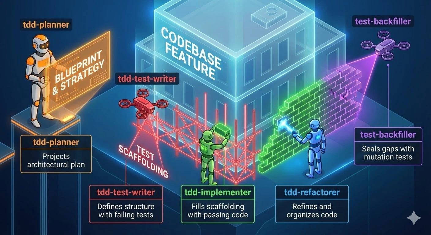 An isometric illustration of agents working together on a codebase - the tdd-planner creates the blueprint, tdd-test-writer defines the structure with failing tests, tdd-implementer fills the scaffolding with passing code, tdd-refactorer refines and organises, and test-backfiller seals gaps with mutation tests