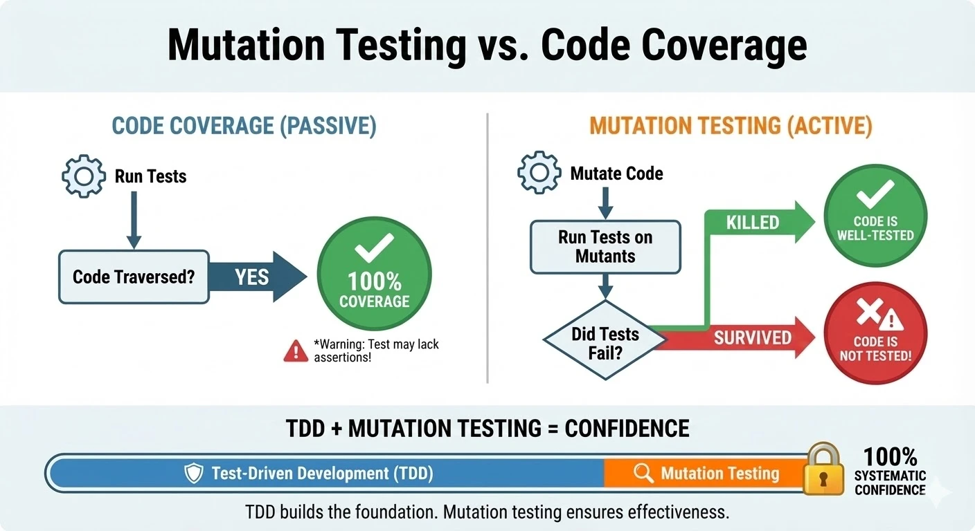Mutation testing vs code coverage - code coverage passively checks if code was traversed, while mutation testing actively mutates code and checks if tests catch the changes