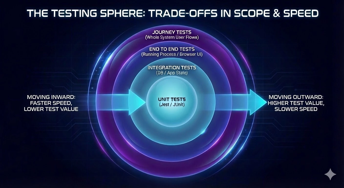 The testing sphere - concentric rings showing unit tests at the centre, surrounded by integration tests, end-to-end tests, and journey tests. Moving outward means higher test value but slower speed.