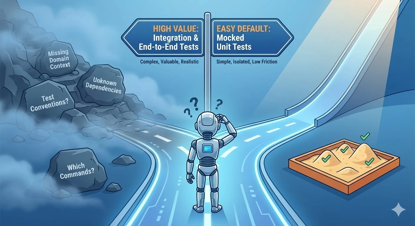A robot at a crossroads - the easy path leads to mocked unit tests, while the harder path to high-value integration and end-to-end tests is blocked by obstacles like missing domain context, unknown dependencies, and test conventions